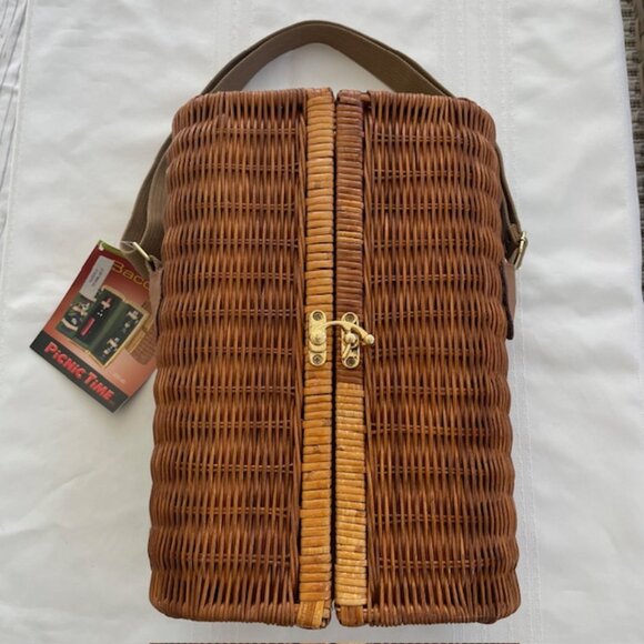 Bacchus Picnic Time Insulated Wicker Wine Basket Carrier Set with Strap - NWT - Picture 2 of 9